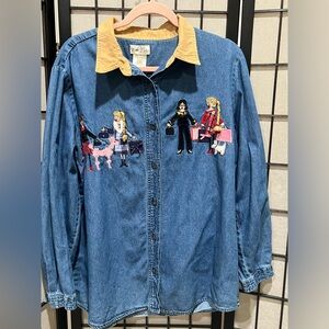 VINTAGE BOBBIE BROOKS NOVELTY Denim Shirt with Embroidered Characters, SIZE 14W